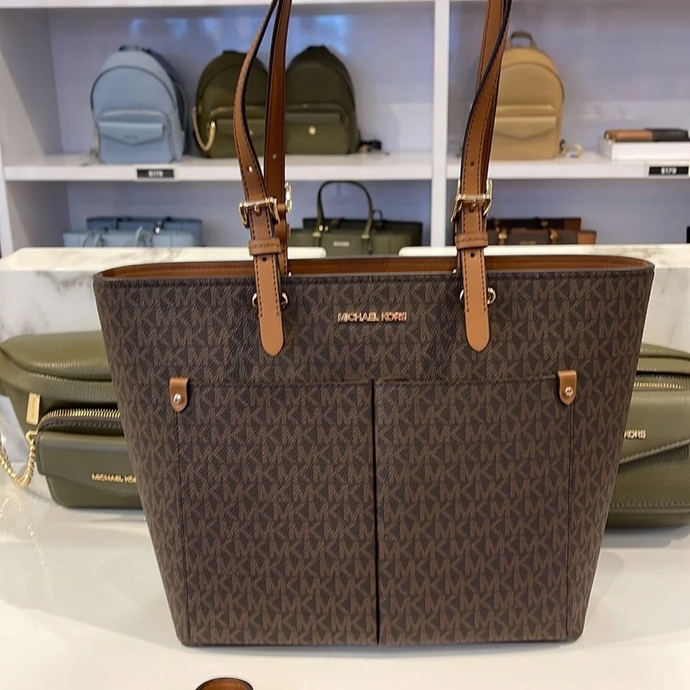 MICHAEL KORS JET SET TRAVEL MEDIUM DOUBLE POCKET TOTE BROWN SIGNATURE NWT